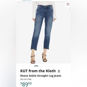 Kut From the Kloth Reese Ankle Straight Leg Jeans, Size 6